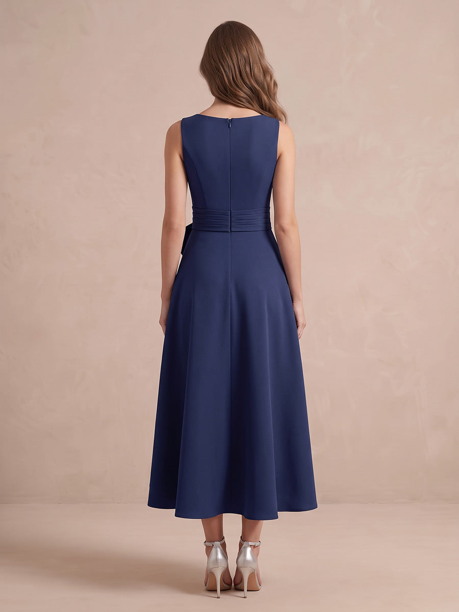 Navy A Line Midi Crepe Wedding Guest Dresses V Neck Cocktail Dresses