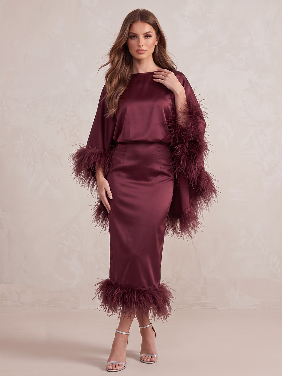 Burgundy Sheath Midi Satin Wedding Guest Dresses Boat Neck Formal Dresses with Feather