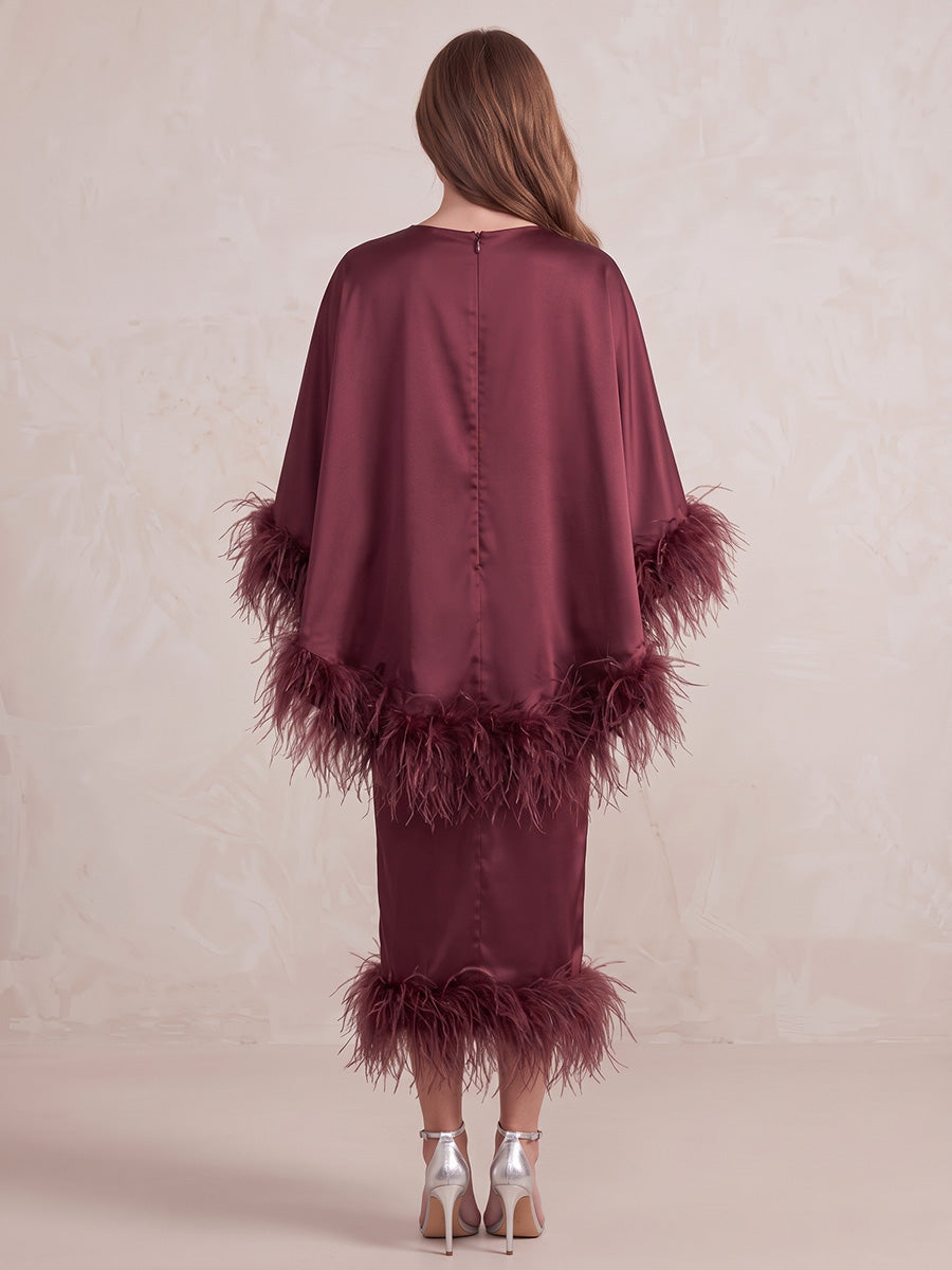 Burgundy Sheath Midi Satin Wedding Guest Dresses Boat Neck Formal Dresses with Feather