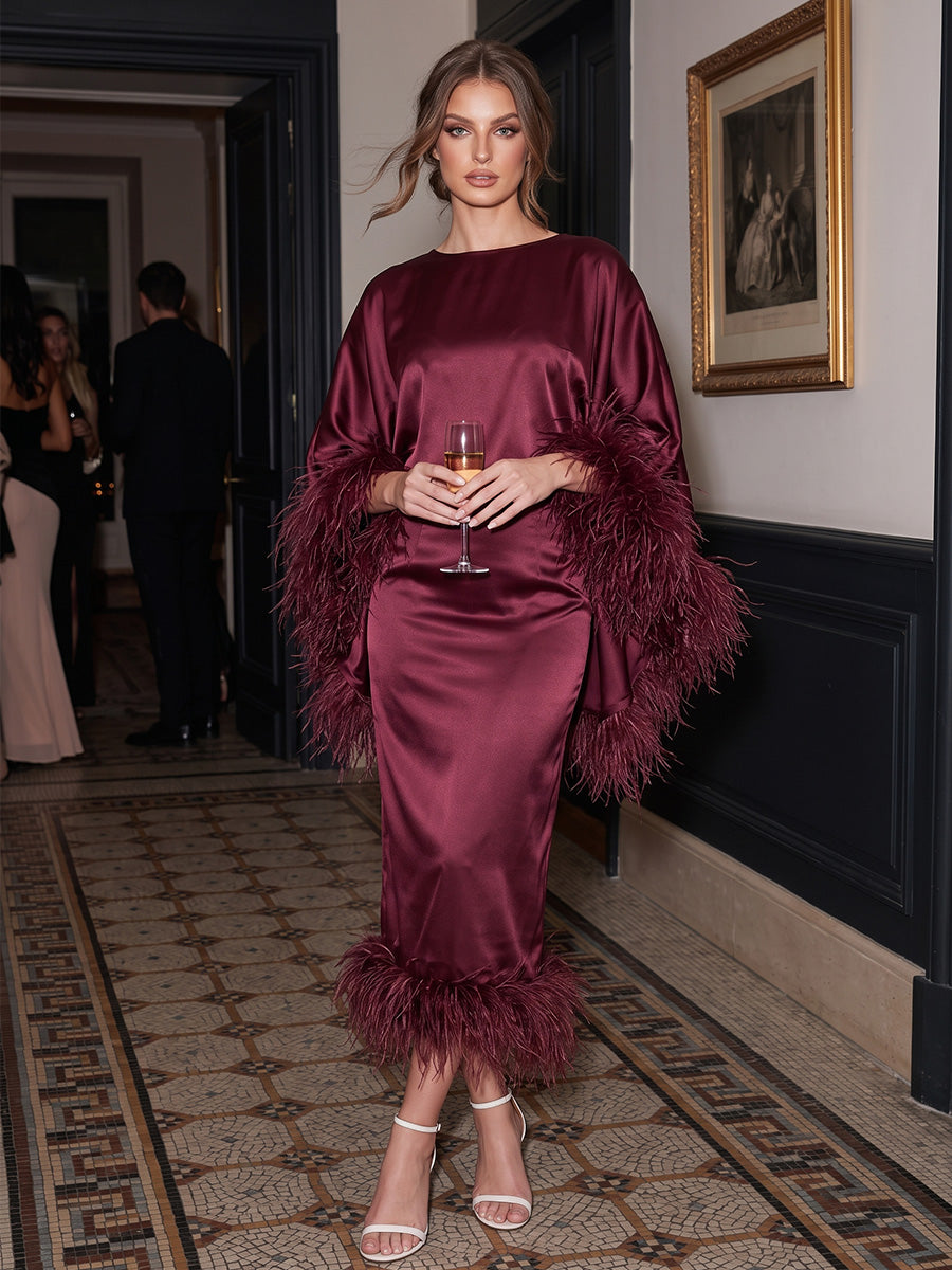 Burgundy Sheath Midi Satin Wedding Guest Dresses Boat Neck Formal Dresses with Feather