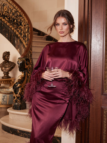 Burgundy Sheath Midi Satin Wedding Guest Dresses Boat Neck Formal Dresses with Feather