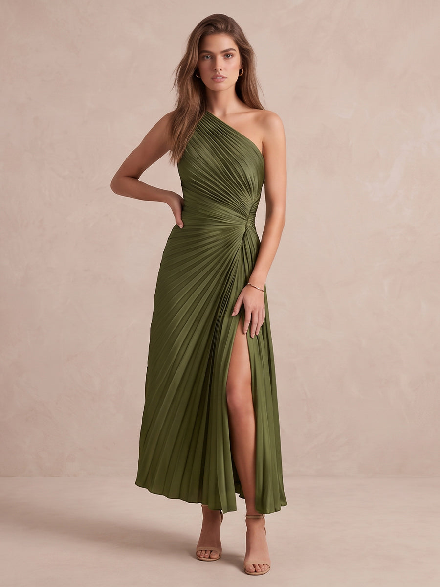 Olive Green A Line Midi Pleated Satin Wedding Guest Dresses One Shoulder Formal Dresses