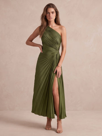 Olive Green A Line Midi Pleated Satin Wedding Guest Dresses One Shoulder Formal Dresses