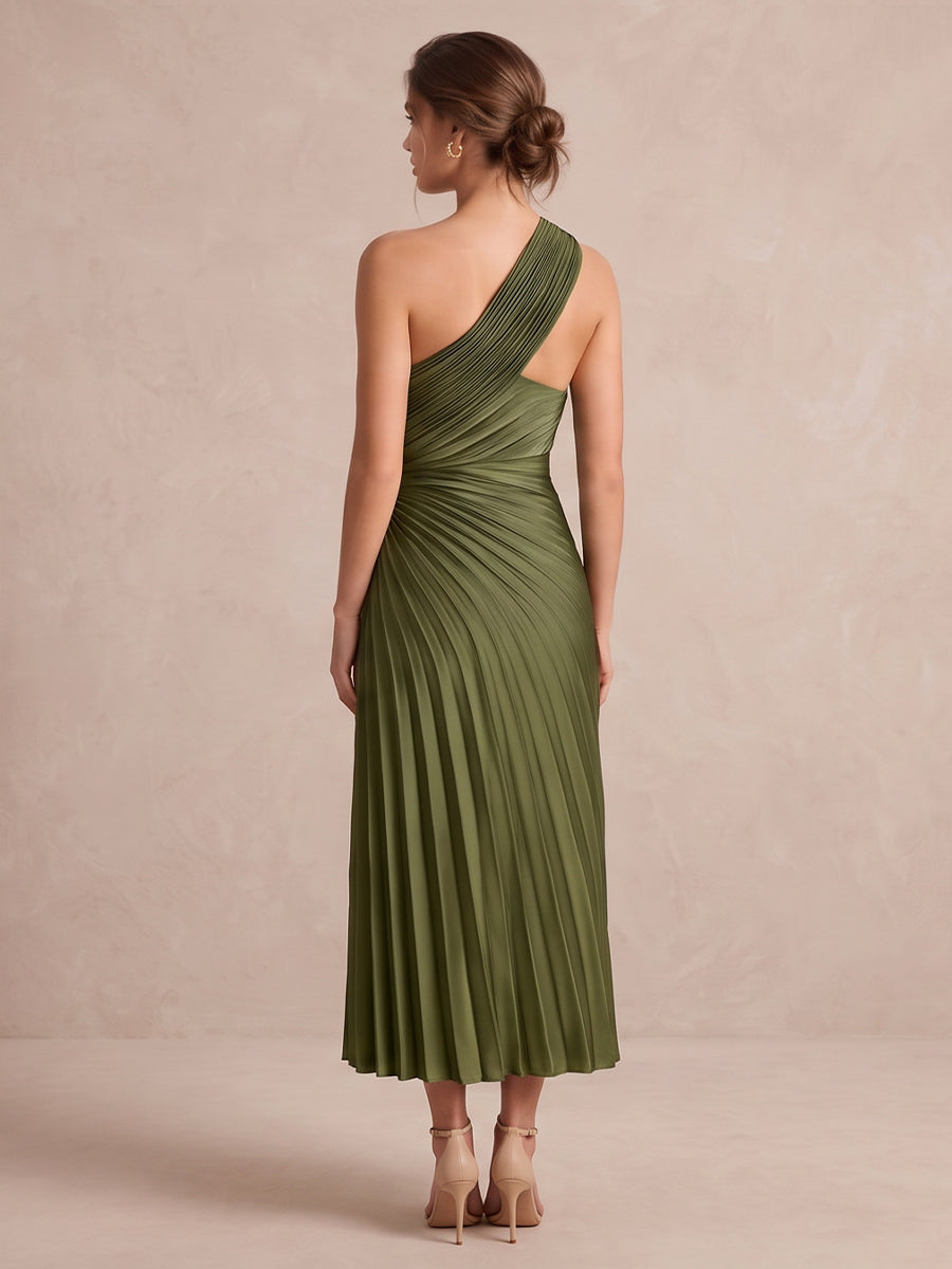 Olive Green A Line Midi Pleated Satin Wedding Guest Dresses One Shoulder Formal Dresses