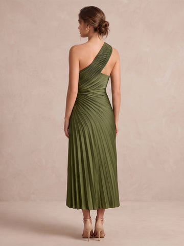 Olive Green A Line Midi Pleated Satin Wedding Guest Dresses One Shoulder Formal Dresses