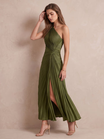 Olive Green A Line Midi Pleated Satin Wedding Guest Dresses One Shoulder Formal Dresses