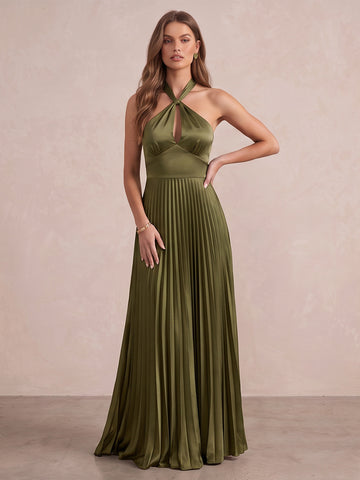 Olive Green A Line Long Pleated Satin Wedding Guest Dresses Halter Formal Dresses