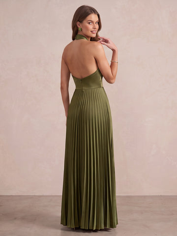 Olive Green A Line Long Pleated Satin Wedding Guest Dresses Halter Formal Dresses