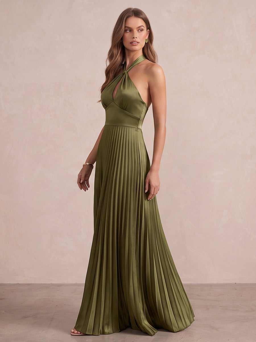 Olive Green A Line Long Pleated Satin Wedding Guest Dresses Halter Formal Dresses