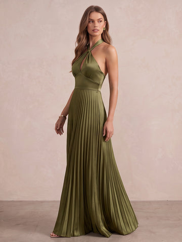 Olive Green A Line Long Pleated Satin Wedding Guest Dresses Halter Formal Dresses
