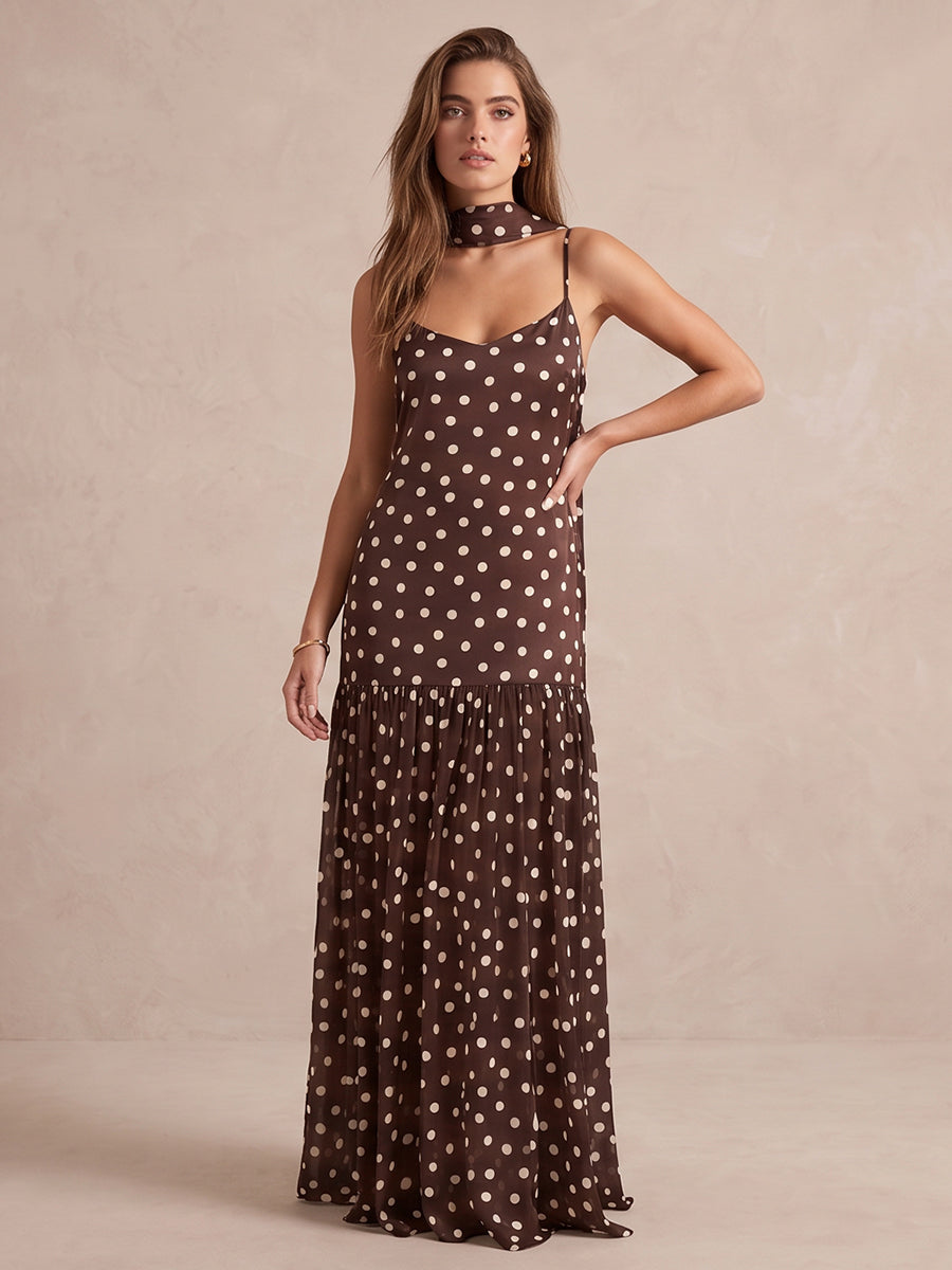 Brown White Polka Dot A Line Long Chiffon Wedding Guest Dresses V Neck Spaghetti Strap Formal Dresses