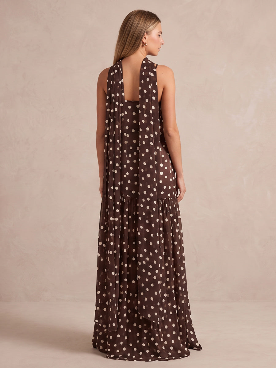 Brown White Polka Dot A Line Long Chiffon Wedding Guest Dresses V Neck Spaghetti Strap Formal Dresses