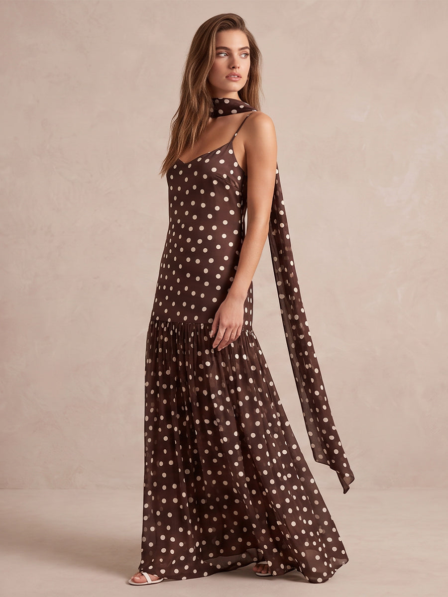 Brown White Polka Dot A Line Long Chiffon Wedding Guest Dresses V Neck Spaghetti Strap Formal Dresses