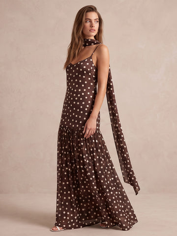 Brown White Polka Dot A Line Long Chiffon Wedding Guest Dresses V Neck Spaghetti Strap Formal Dresses