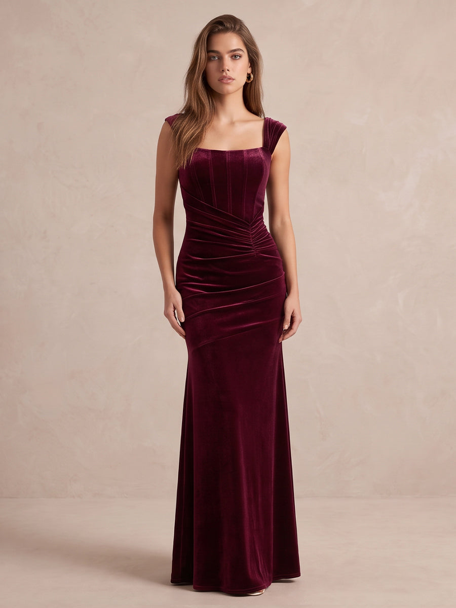 Burgundy Mermaid Floor Length Velvet Wedding Guest Dresses Square Neck Cap Sleeve Formal Dresses