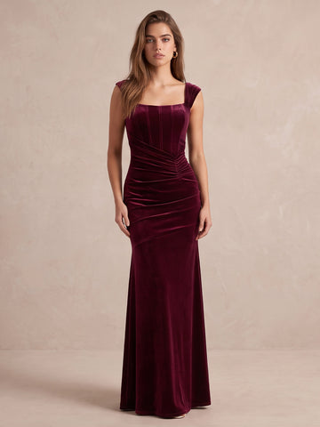 Burgundy Mermaid Floor Length Velvet Wedding Guest Dresses Square Neck Cap Sleeve Formal Dresses