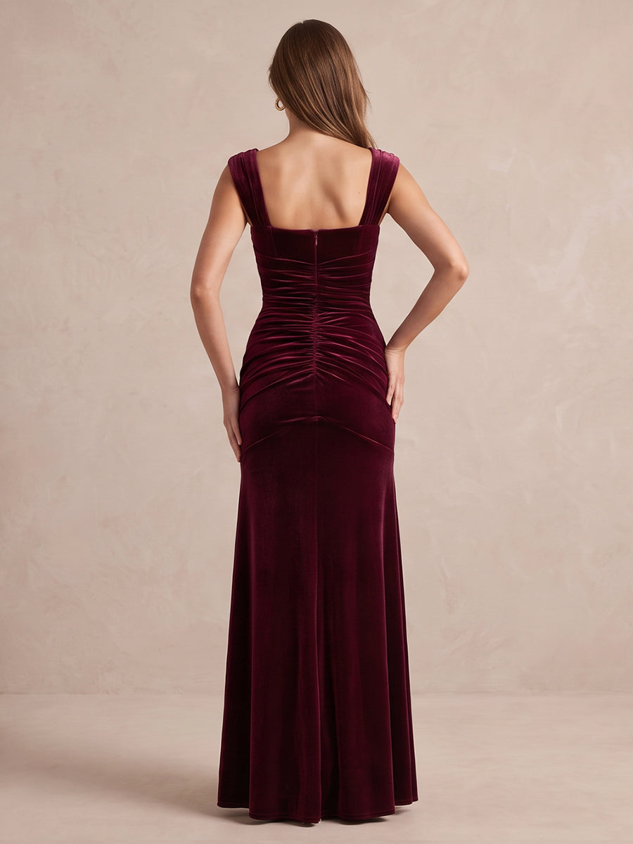 Burgundy Mermaid Floor Length Velvet Wedding Guest Dresses Square Neck Cap Sleeve Formal Dresses