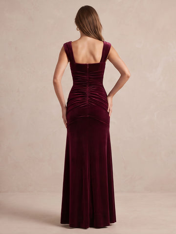 Burgundy Mermaid Floor Length Velvet Wedding Guest Dresses Square Neck Cap Sleeve Formal Dresses