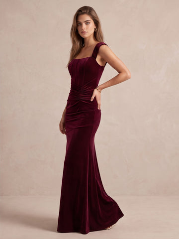 Burgundy Mermaid Floor Length Velvet Wedding Guest Dresses Square Neck Cap Sleeve Formal Dresses