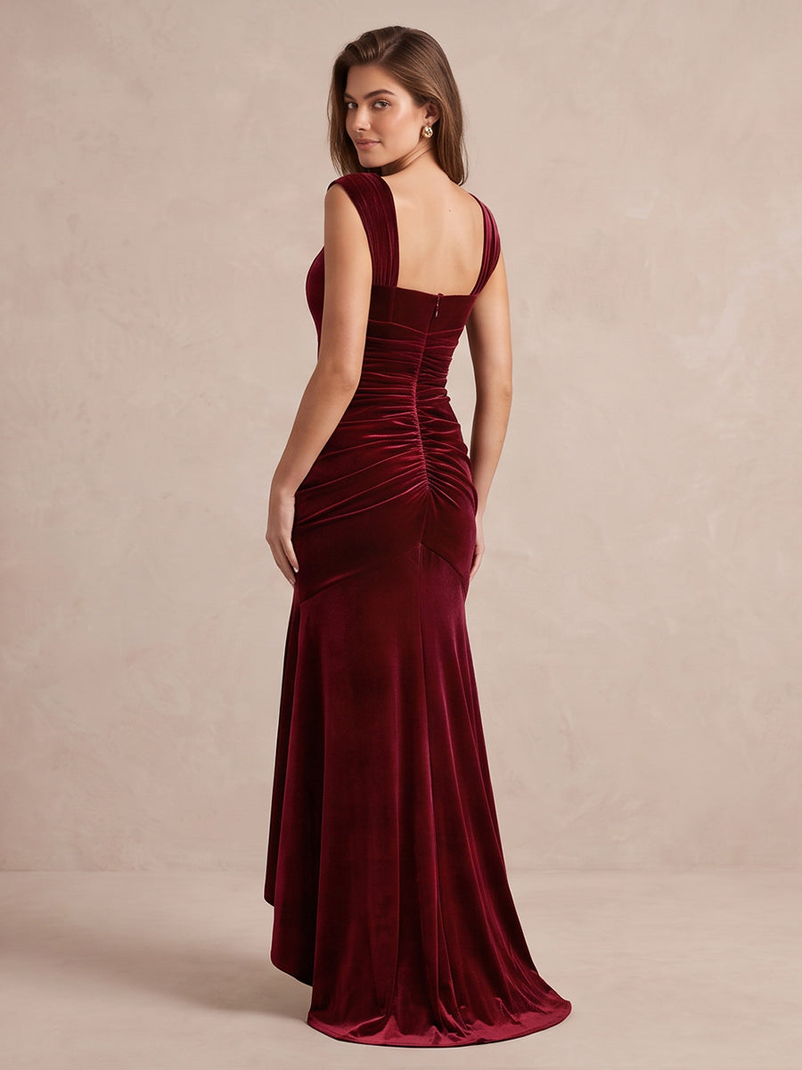 Burgundy Mermaid High Low Velvet Wedding Guest Dresses Square Neck Cap Sleeve Cocktail Dresses