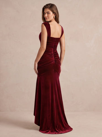 Burgundy Mermaid High Low Velvet Wedding Guest Dresses Square Neck Cap Sleeve Cocktail Dresses