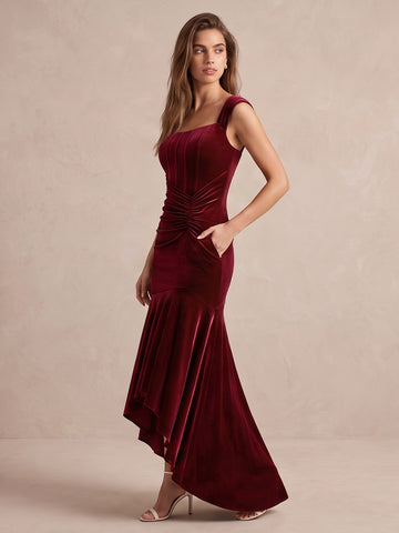 Burgundy Mermaid High Low Velvet Wedding Guest Dresses Square Neck Cap Sleeve Cocktail Dresses