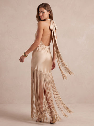 Champagne Sheath Ankle Length Satin With Fringe Wedding Guest Dresses Halter Neck Evening Dresses