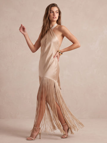 Champagne Sheath Ankle Length Satin With Fringe Wedding Guest Dresses Halter Neck Evening Dresses