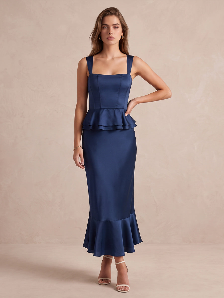 Navy Blue Mermaid Midi Satin Wedding Guest Dresses Square Neck Wide Strap Formal Dresses