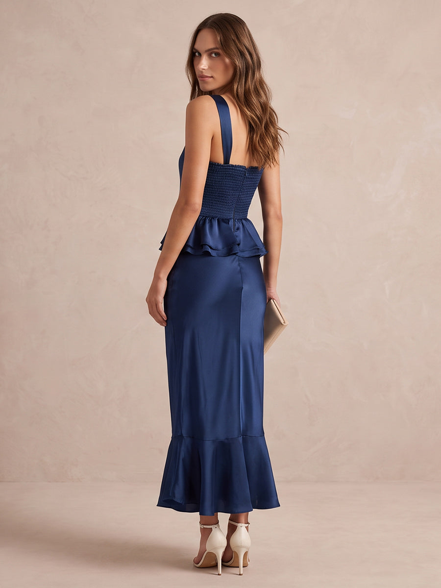 Navy Blue Mermaid Midi Satin Wedding Guest Dresses Square Neck Wide Strap Formal Dresses