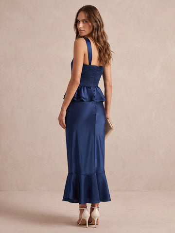 Navy Blue Mermaid Midi Satin Wedding Guest Dresses Square Neck Wide Strap Formal Dresses