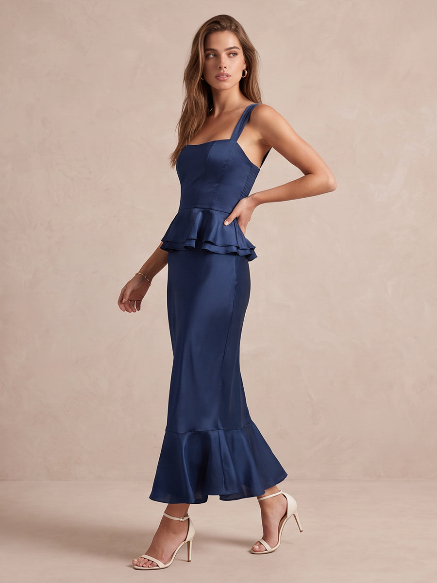 Navy Blue Mermaid Midi Satin Wedding Guest Dresses Square Neck Wide Strap Formal Dresses