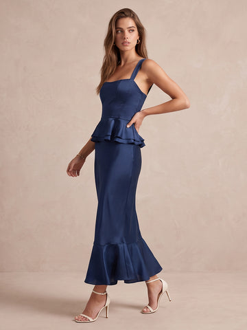 Navy Blue Mermaid Midi Satin Wedding Guest Dresses Square Neck Wide Strap Formal Dresses
