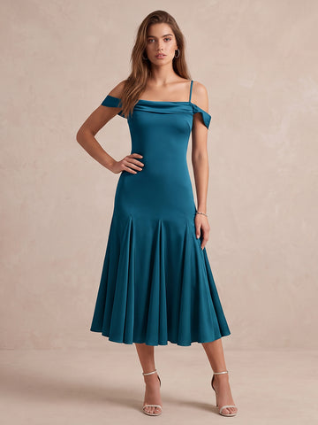 Teal A Line Midi Satin Wedding Guest Dresses Off Shoulder Cowl Neck Cocktail Dresses