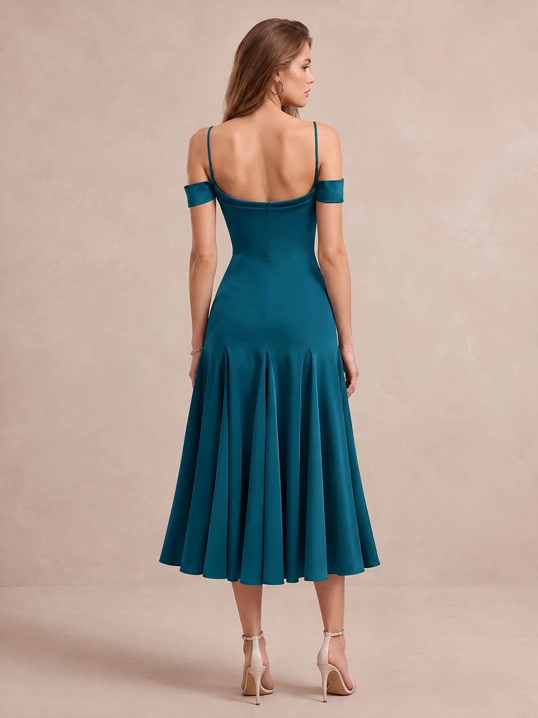 Teal A Line Midi Satin Wedding Guest Dresses Off Shoulder Cowl Neck Cocktail Dresses