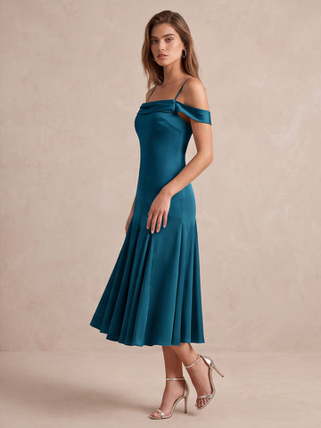 Teal A Line Midi Satin Wedding Guest Dresses Off Shoulder Cowl Neck Cocktail Dresses