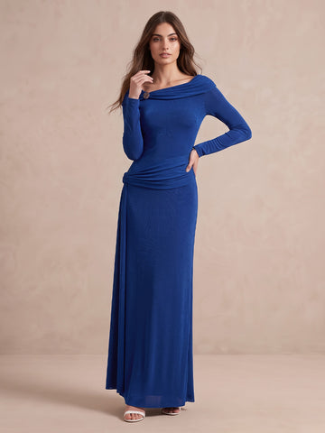 Royal Blue Sheath Floor Length Stretch Jersey Wedding Guest Dresses Off Shoulder Cowl Neck Evening Dresses