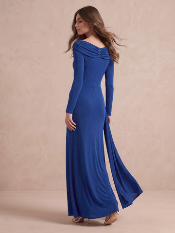 Royal Blue Sheath Floor Length Stretch Jersey Wedding Guest Dresses Off Shoulder Cowl Neck Evening Dresses