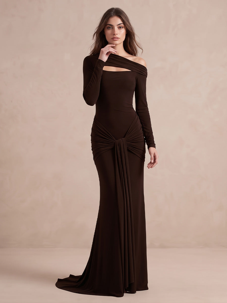 Dark Brown Mermaid with Train Stretch Jersey Long Wedding Guest Dresses Asymmetrical Off Shoulder Formal Dresses