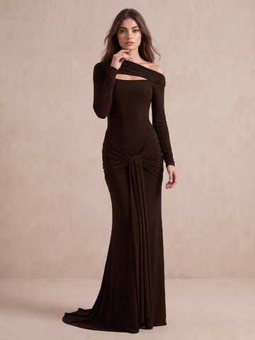 Dark Brown Mermaid with Train Stretch Jersey Long Wedding Guest Dresses Asymmetrical Off Shoulder Formal Dresses