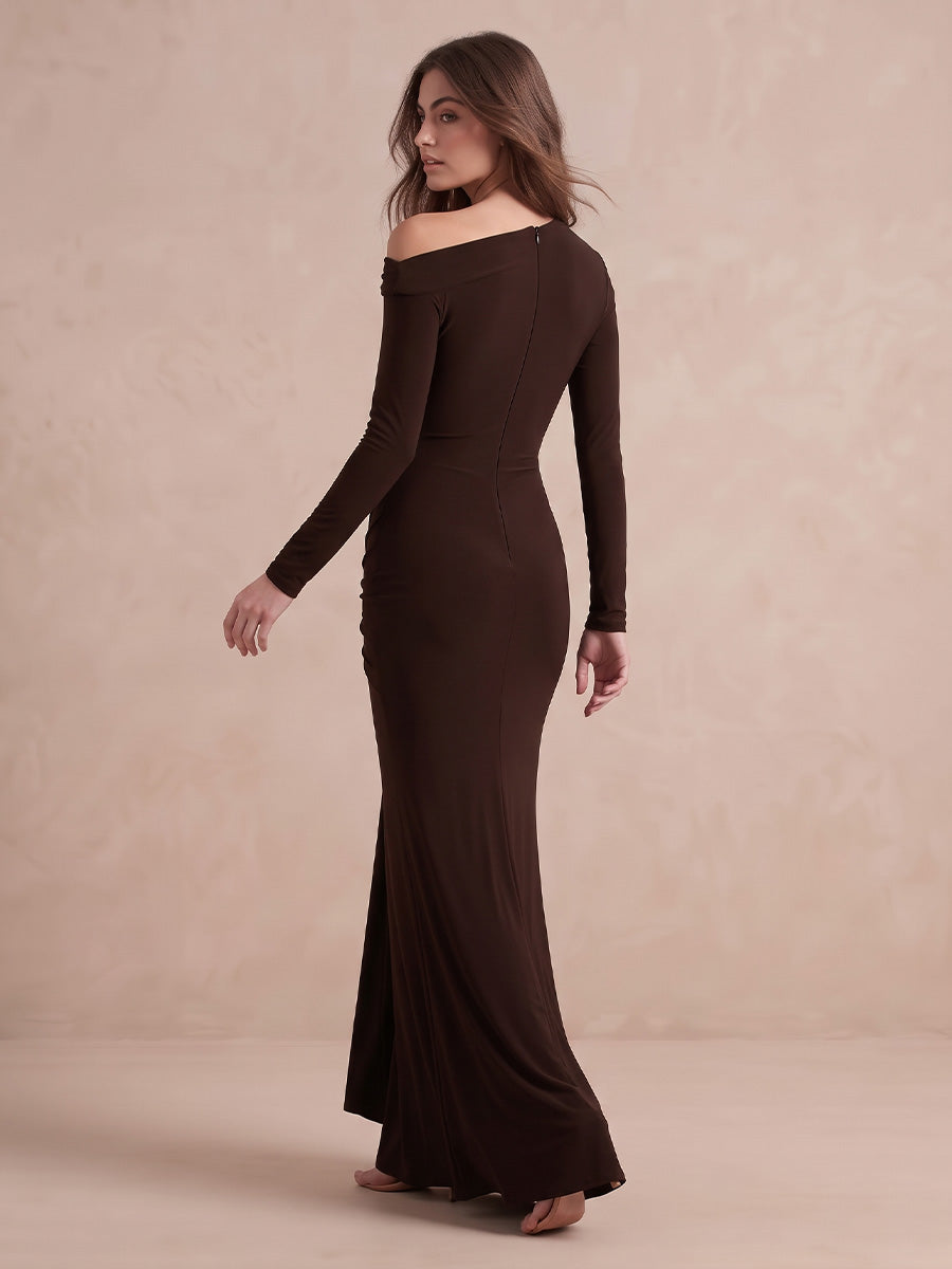 Dark Brown Mermaid with Train Stretch Jersey Long Wedding Guest Dresses Asymmetrical Off Shoulder Formal Dresses