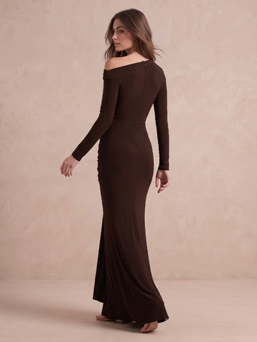 Dark Brown Mermaid with Train Stretch Jersey Long Wedding Guest Dresses Asymmetrical Off Shoulder Formal Dresses