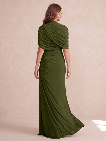Olive Green A Line Floor Length Stretch Jersey Wedding Guest Dresses Draped High Neck Formal Dresses