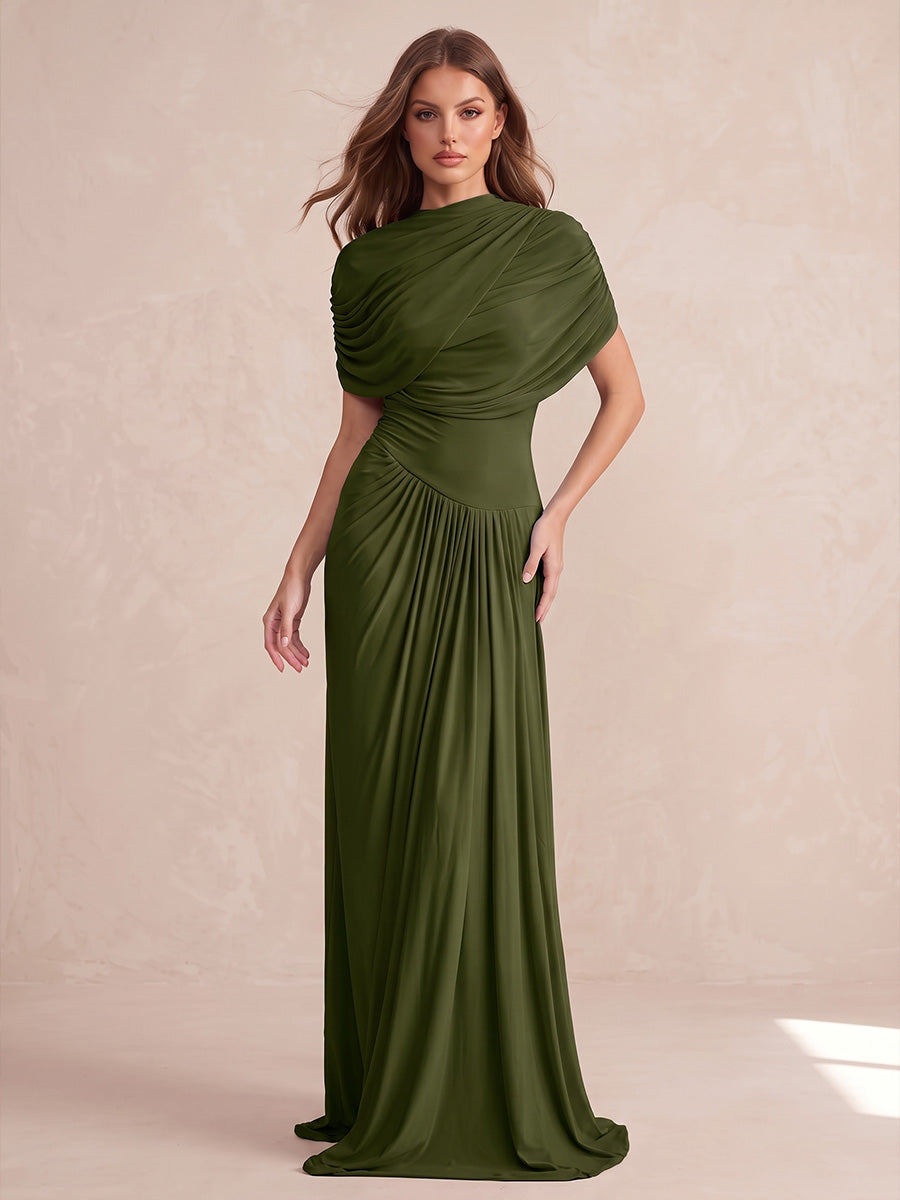 Olive Green A Line Floor Length Stretch Jersey Wedding Guest Dresses Draped High Neck Formal Dresses