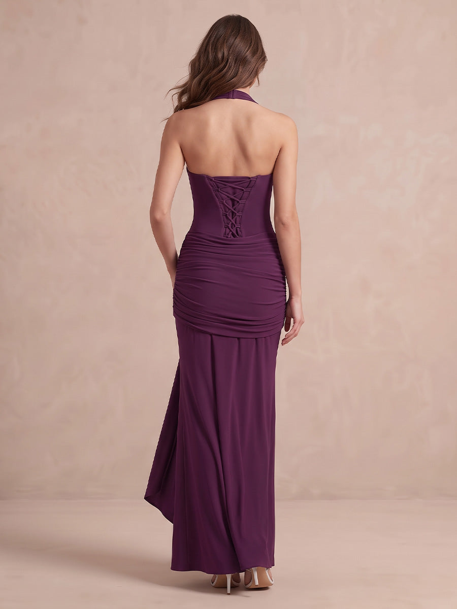 Plum Mermaid Floor Length Stretch Jersey Wedding Guest Dresses Halter Sweetheart Formal Dresses