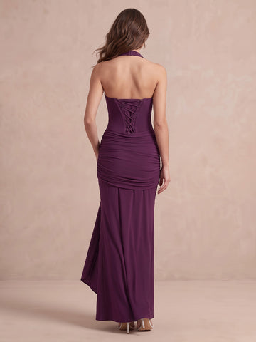 Plum Mermaid Floor Length Stretch Jersey Wedding Guest Dresses Halter Sweetheart Formal Dresses