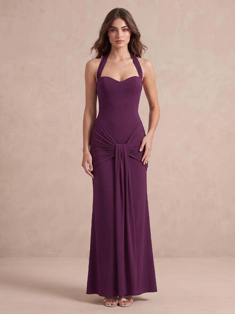 Plum Mermaid Floor Length Stretch Jersey Wedding Guest Dresses Halter Sweetheart Formal Dresses