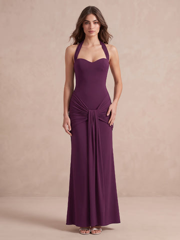Plum Mermaid Floor Length Stretch Jersey Wedding Guest Dresses Halter Sweetheart Formal Dresses