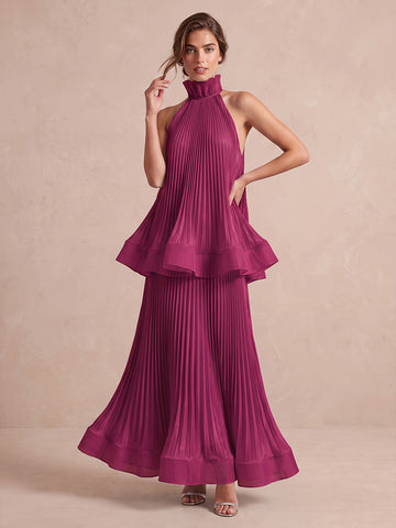 Fuchsia Long Tiered Pleated Chiffon Wedding Guest Dresses Halter High Neck Formal Dresses