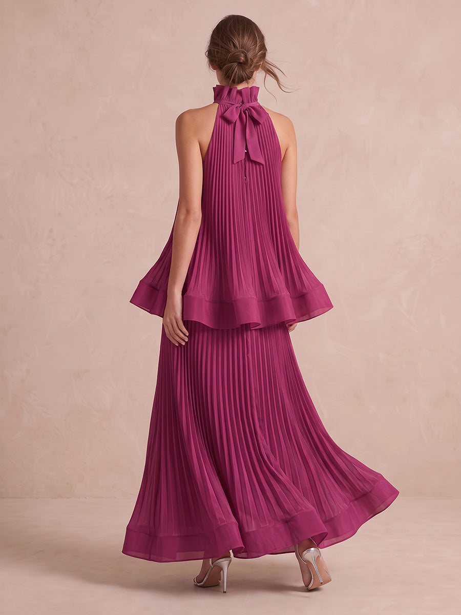 Fuchsia Long Tiered Pleated Chiffon Wedding Guest Dresses Halter High Neck Formal Dresses